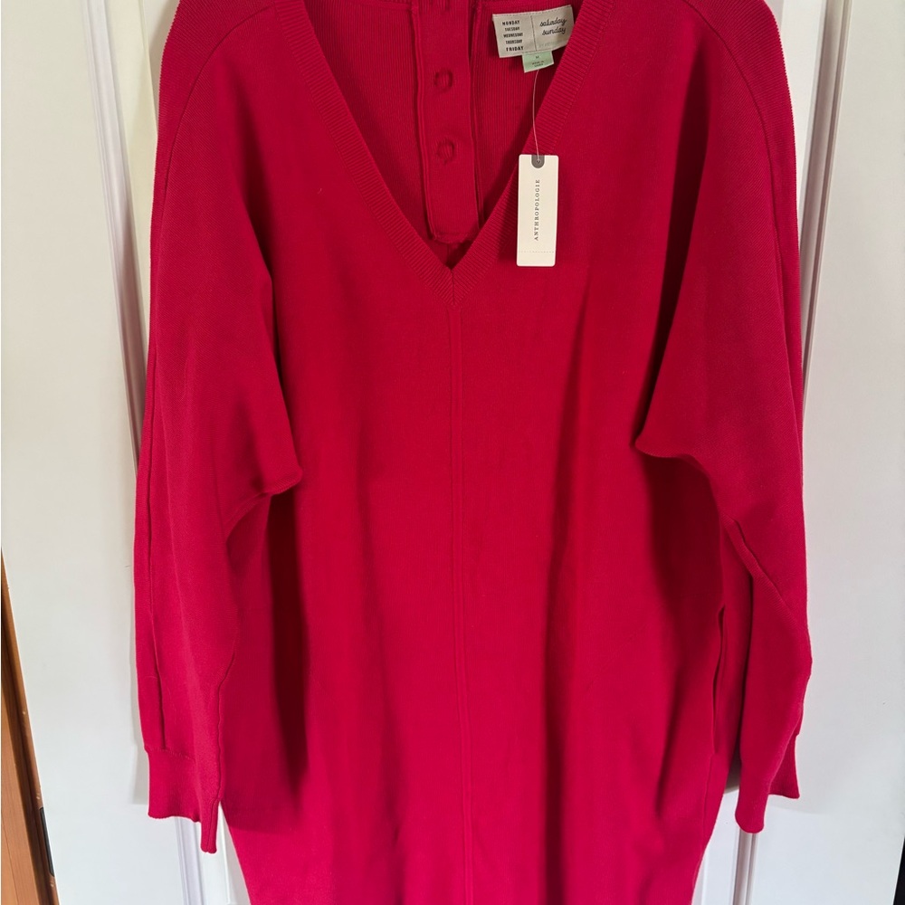 Anthropologie Red V-Neck Tunic Sweater